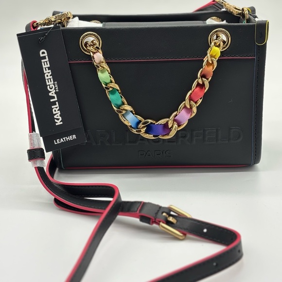 Karl Lagerfeld Handbags - Karl Lagerfeld Black and Pink Leather Crossbody Bag with Multicolor Chain